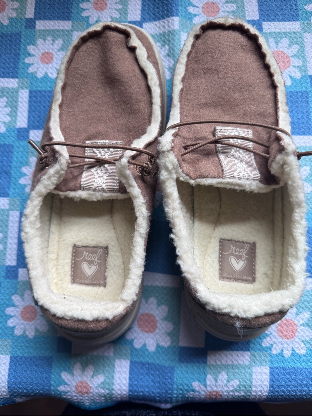 Reef Brown Moccasin Slippers with Cream Sherpa Trim